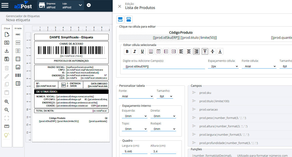 Tela de edição de etiquetas